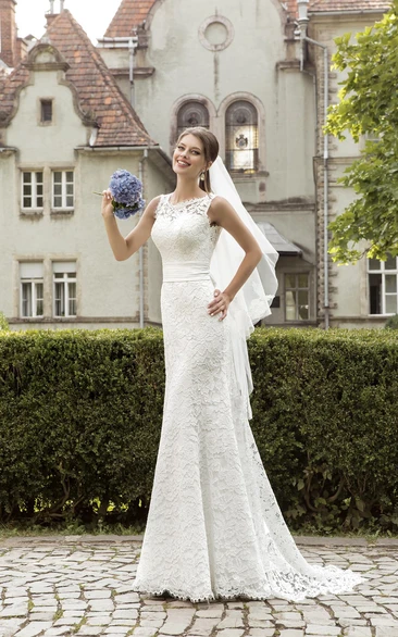 Jeweled Neck Sleeveless Sheath Lace Wedding Dress With Ruched Waist