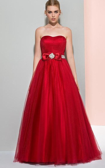 A-Line Strapless Beaded Ruffles Logn Prom Dress
