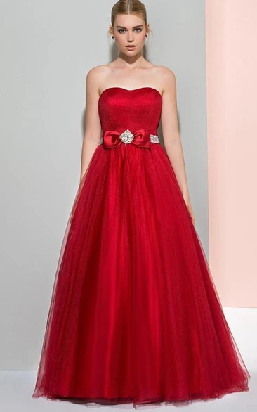 A-Line Strapless Beaded Ruffles Logn Prom Dress