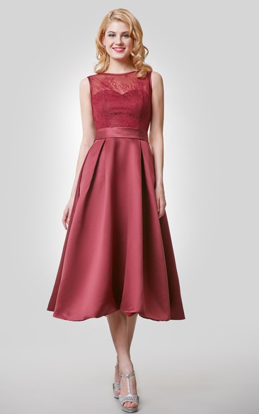 Tea Length A-Line Satin Dress With Lace Bodice and Scoop Neck