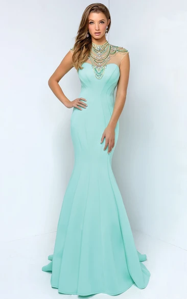 Mermaid Maxi High Neck Sleeveless Jersey Keyhole Dress With Beading