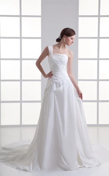One-Shoulder A-Line Ruched Gown With Side Draping