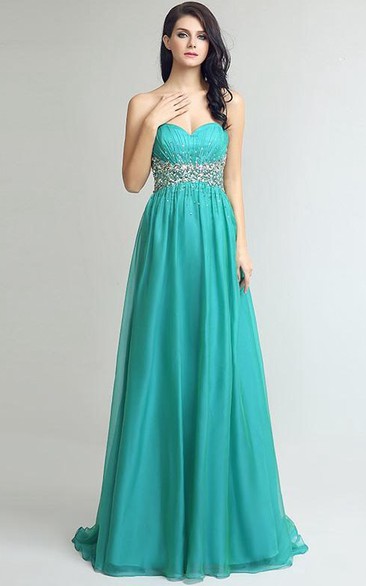 A-Line Sweetheart Beading Crystal Sequins Sweep Train Prom Dress