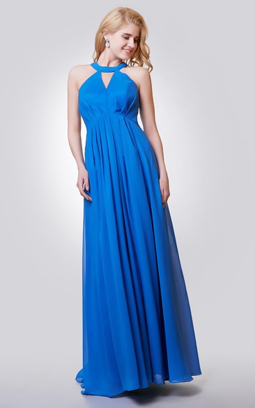 Halter A-line Long Chiffon Pleated Dress With Key-hole