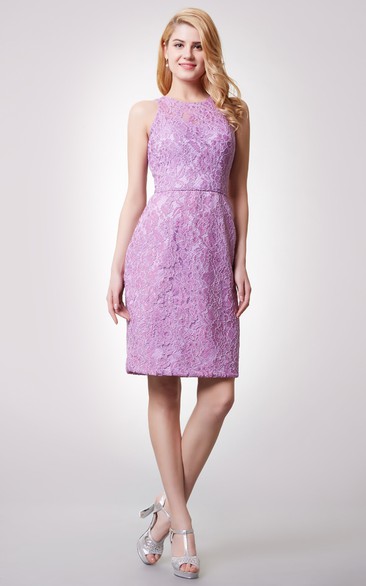 Sleeveless Jewel Neck Short Lace Dress With Keyhole Back