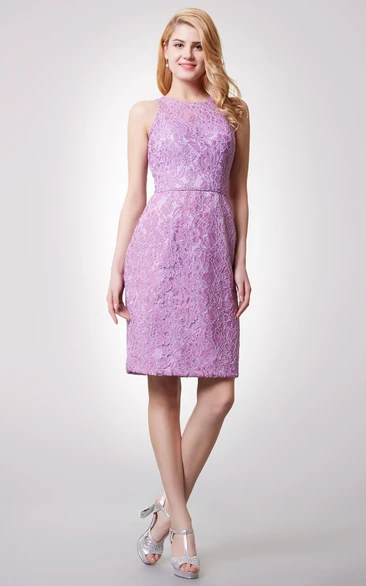 Sleeveless Jewel Neck Short Lace Dress With Keyhole Back