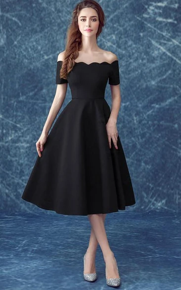 Casual Off the Shoulder Short Sleeves Tea-Length Cocktail Dress