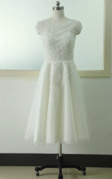 A-Line Knee-Length Cap Beading Flower Zipper Corset Back Chiffon Tulle Lace Sequins Satin Dress