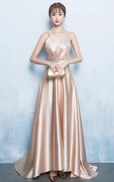 Satin Floor-length Brush Train A Line Sleeveless Modern Formal Dress with Pleats