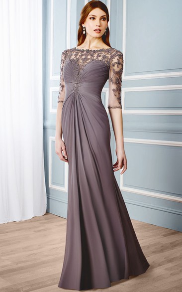 Sheath Floor-Length Ruched Bateau Neck Half Sleeve Chiffon Formal Dress