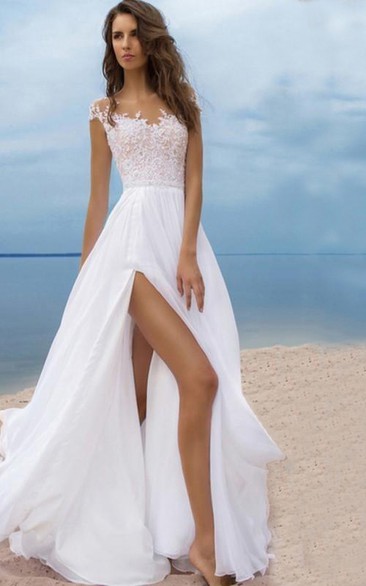 Sexy Beach Style Chiffon A-line Scoop-neck Cap-sleeve Slit Front Dress with Lace