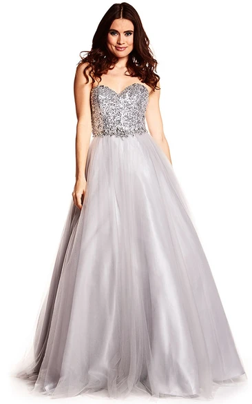 A-Line Floor-Length Sweetheart Sleeveless Sequins&Tulle Prom Dress