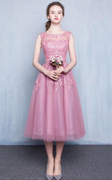 Scoop Neck Appliques Beading Tea-Length Prom Dress