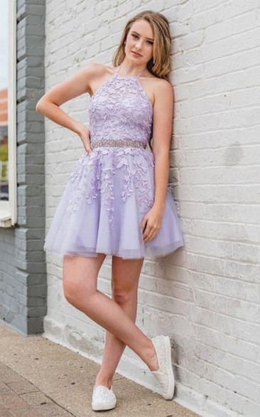 Casual Lace Tulle A Line Halter Sleeveless Homecoming Dress With Appliques Beading