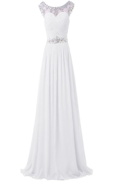 Sleeveless Crystal Stone Appliqued Long Pleated Chiffon Dress