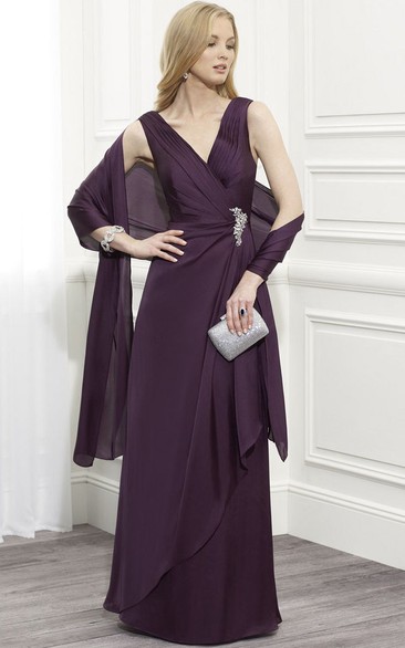 Draped Sleeveless V-Neck Chiffon Mother Of The Bride Dress With Cape