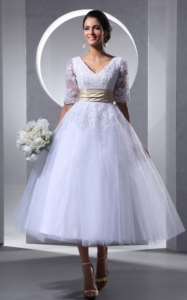 Half-Sleeve V-Neck Tea-Length Dress With Tulle Overlay