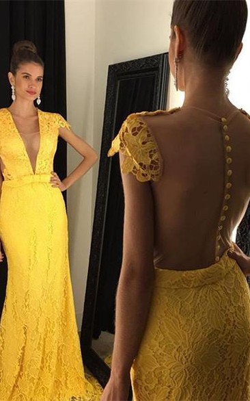 Modern Yellow V-neck Prom Dress Cap Sleeve Lace