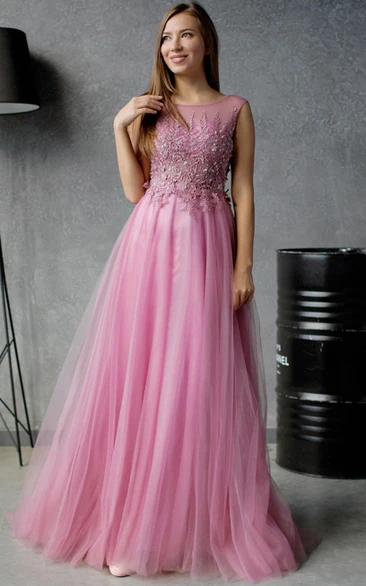 A-Line Floor-Length High-Neck Short Sleeve Tulle Pleats Appliques Low-V Back Dress