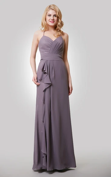 Sweetheart Long Chiffon Dress With Side Draping and Spaghetti Straps