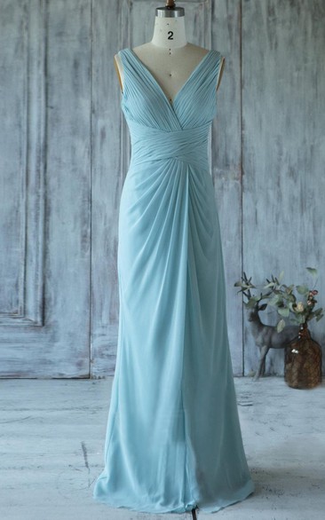 V Neck V Back Sheath Chiffon Long Dress With Ruching