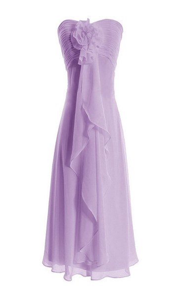 Strapless Knee-length Tiered Chiffon Dress With Flower