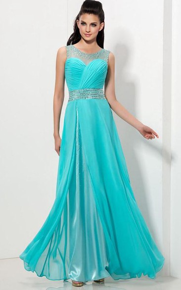Sheer Neck Sequins Pleats Prom Dress