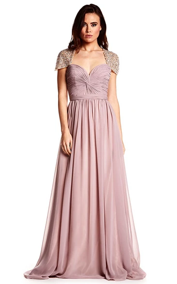 Cap Sleeve Ruched Sweetheart Chiffon Prom Dress