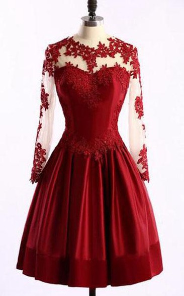 Short Long Sleeve Appliques Keyhole Lace Satin Dress