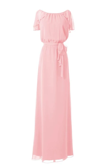 Petal Scoop Chiffon A-line Gown With Sash