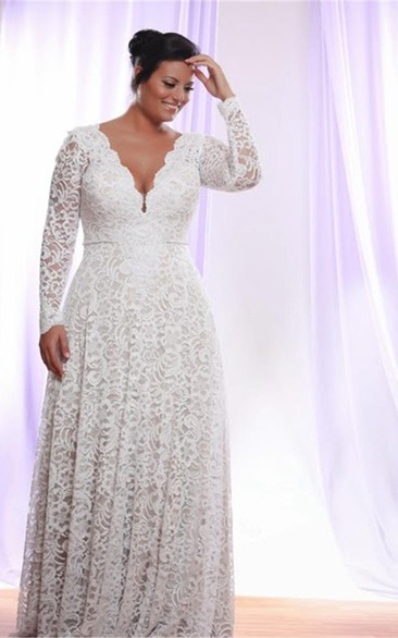 Removable Long Sleeves V Neck Floor Length A Line Lace Plus Size Wedding Dress