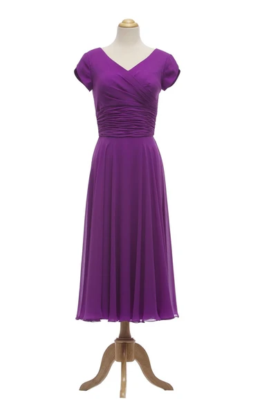 Petal Sleeve V-neck Tea-length Dress With Ruched Waist