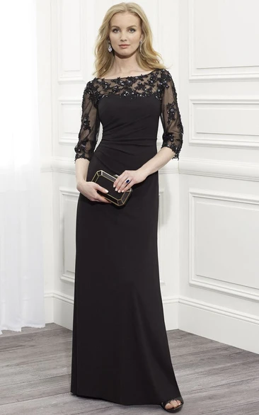 Sheath Floor-Length Appliqued Bateau-Neck Half-Sleeve Jersey Formal Dress With Beading