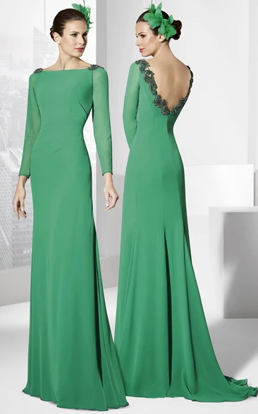 Long Appliqued Long-Sleeve Jewel-Neck Jersey Prom Dress