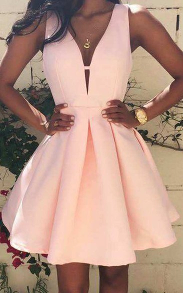 Strapless Deep V Neck A-line Short Satin Dress