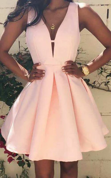 Strapless Deep V Neck A-line Short Satin Dress