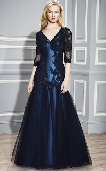 Mermaid Floor-Length Half Sleeve Appliqued V-Neck Satin Formal Dress