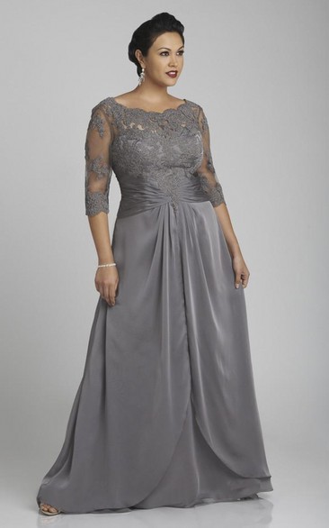 Lace Yoke Half Sleeve A-line Satin Chiffon Long Dress With Low-v Back