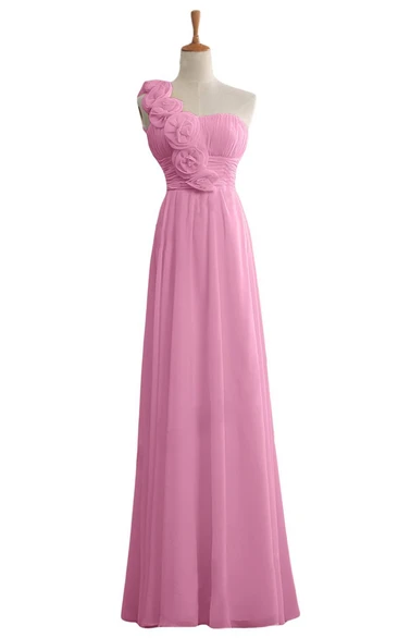 Floral One-shoulder Chiffon A-line Gown With Ruched Band