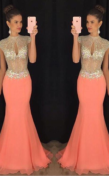 Stunning High-Neck Crystal Prom Dresses Mermaid Long Chiffon Party Gown
