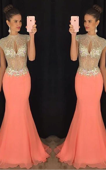 Stunning High-Neck Crystal Prom Dresses Mermaid Long Chiffon Party Gown