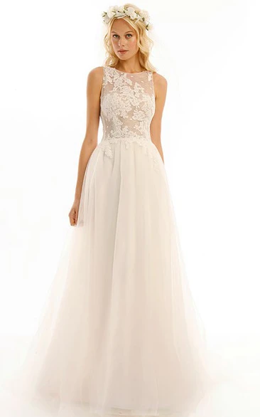 Jewel Floor-Length Appliqued Tulle Wedding Dress With Brush Train And Illusion