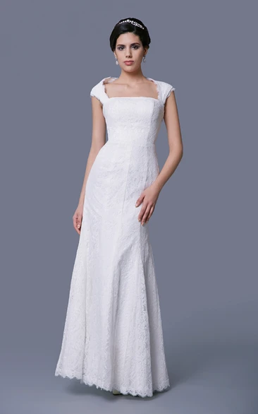 Cap-Sleeved Sheath Lace Dress With Square Neckline and Keyhole Back