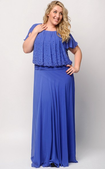 Empire Floor-Length Bateau Short Sleeve Empire Chiffon Beading Dress