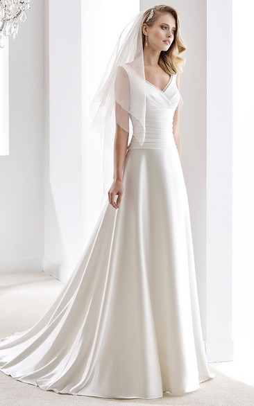 V-Neck Draping Satin Wedding Dress With Pleated Bodice And Brush Train