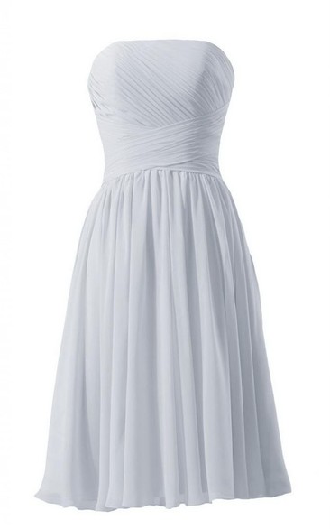 Strapless Ruched Knee-length Pleated Chiffon Dress