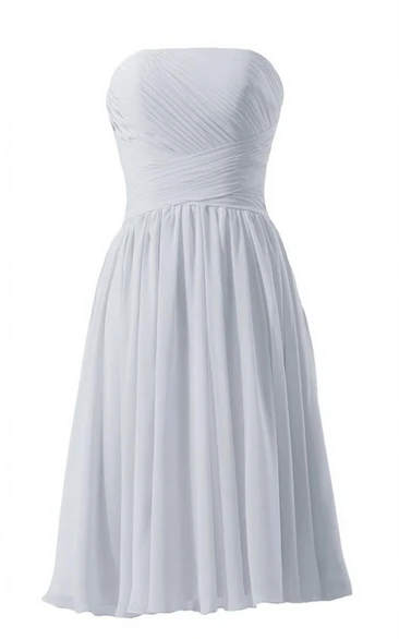 Strapless Ruched Knee-length Pleated Chiffon Dress