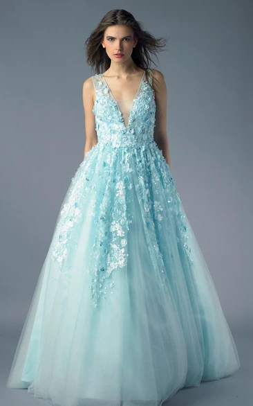 A-line Floor-length V-neck Sleeveless Tulle Illusion Dress