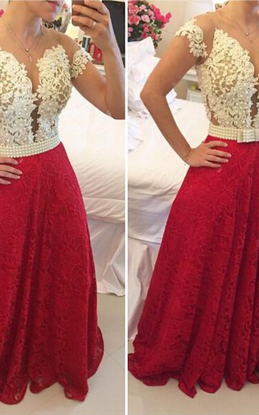 Sexy A-line Lace Appliques Prom Dress Pearls Cap Sleeve