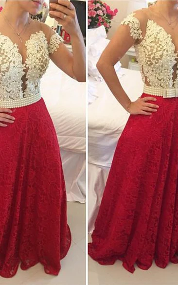 Sexy A-line Lace Appliques Prom Dress Pearls Cap Sleeve